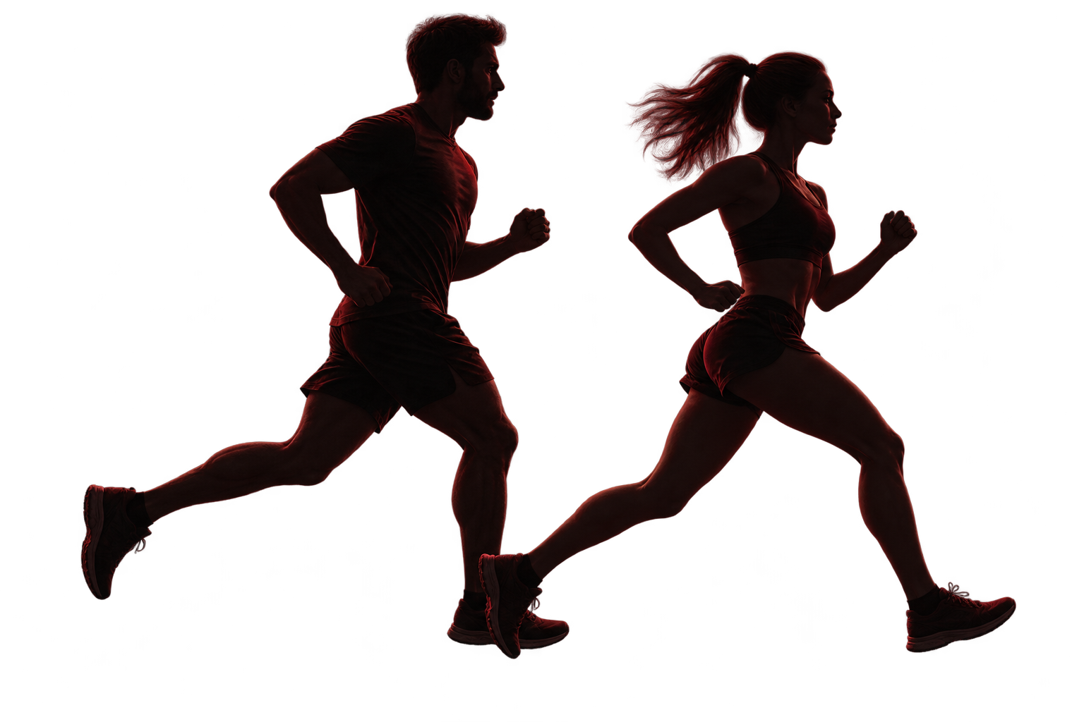 Two runners in motion, illuminated in red